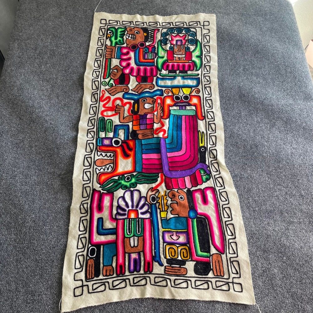 Vintage Peruvian Hand Embroidered Mola Textile Panel Multi Color Folk Art Decor